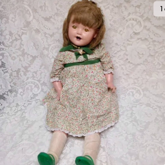 1920-30s 28in Composition Doll in Printed Floral Dress and Green Shoes