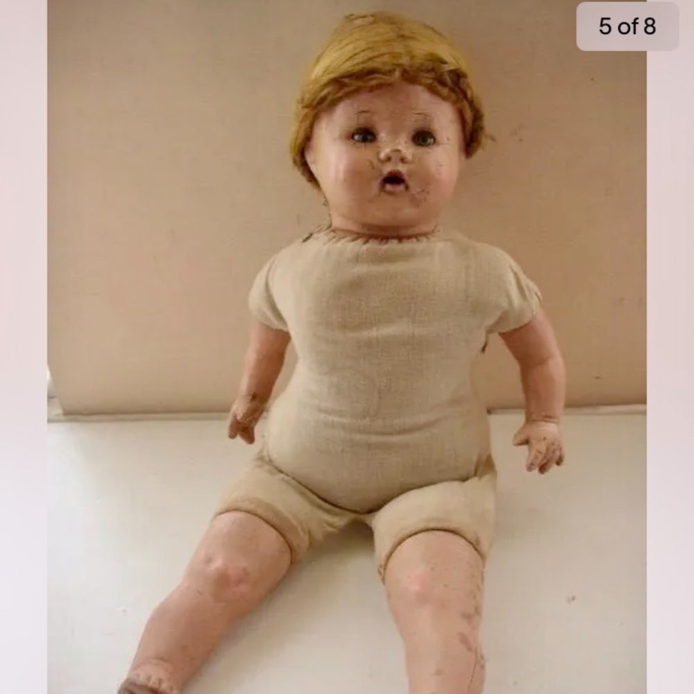 1920-30s 18-inch Composition Doll In White Dress-Bonnet