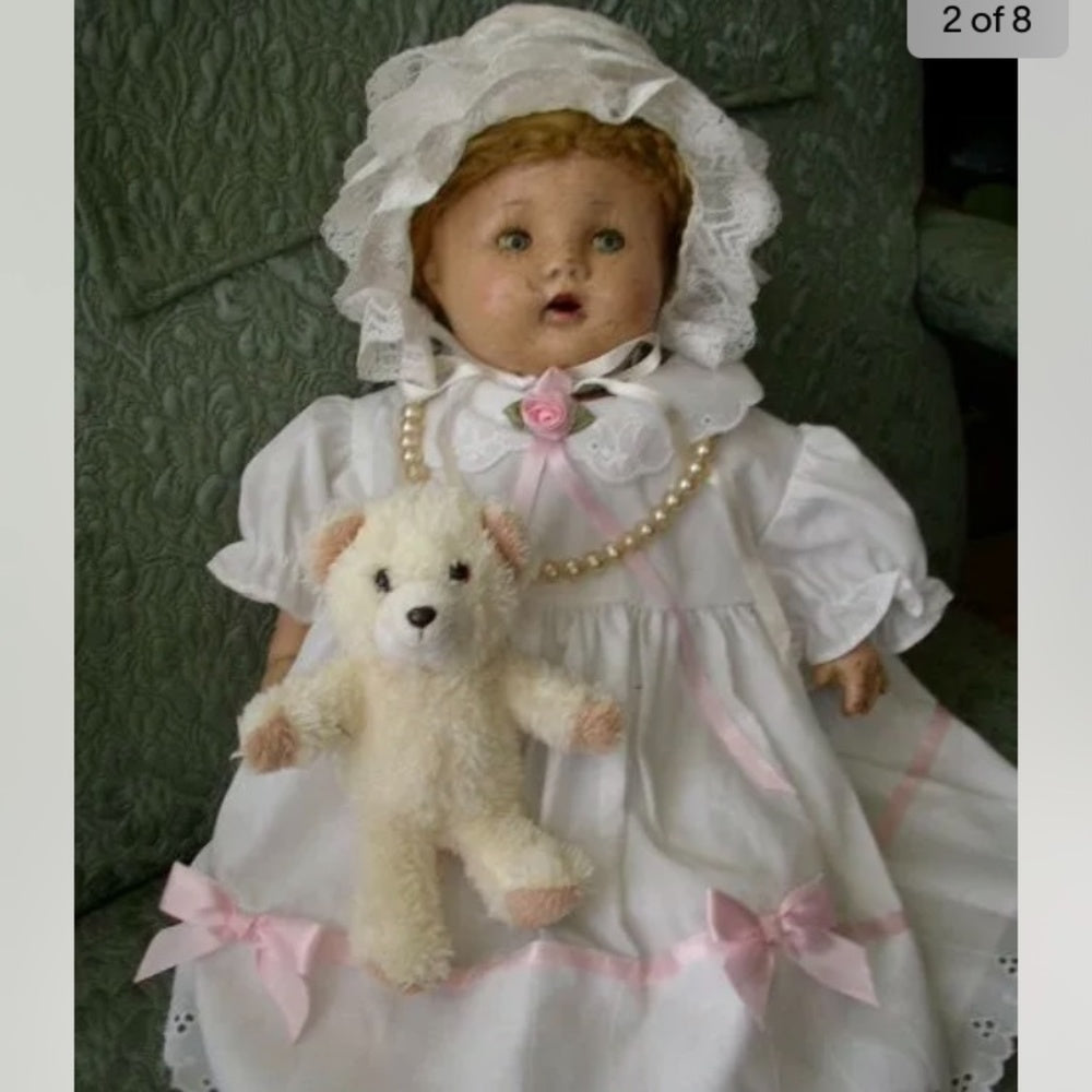1920-30s 18-inch Composition Doll In White Dress-Bonnet