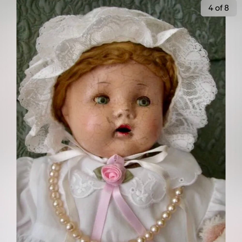 1920-30s 18-inch Composition Doll In White Dress-Bonnet