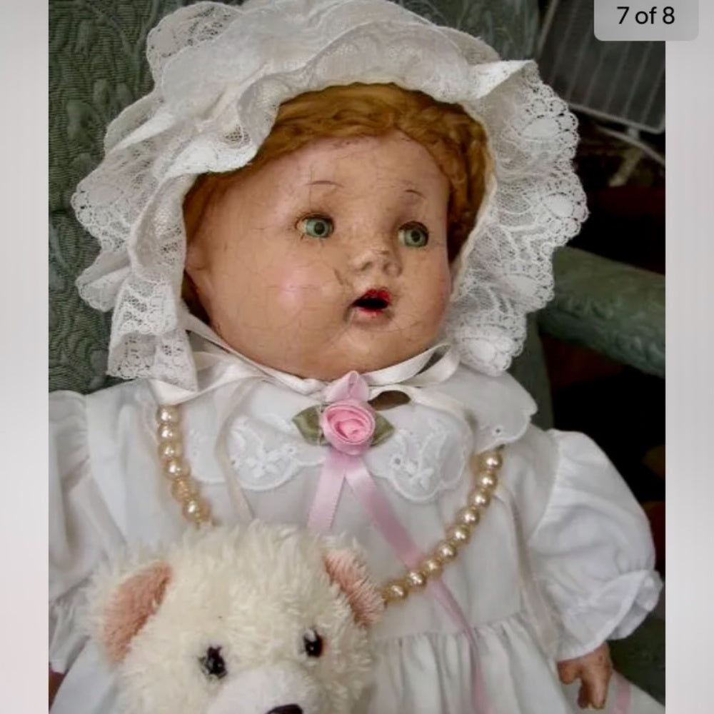 1920-30s 18-inch Composition Doll In White Dress-Bonnet