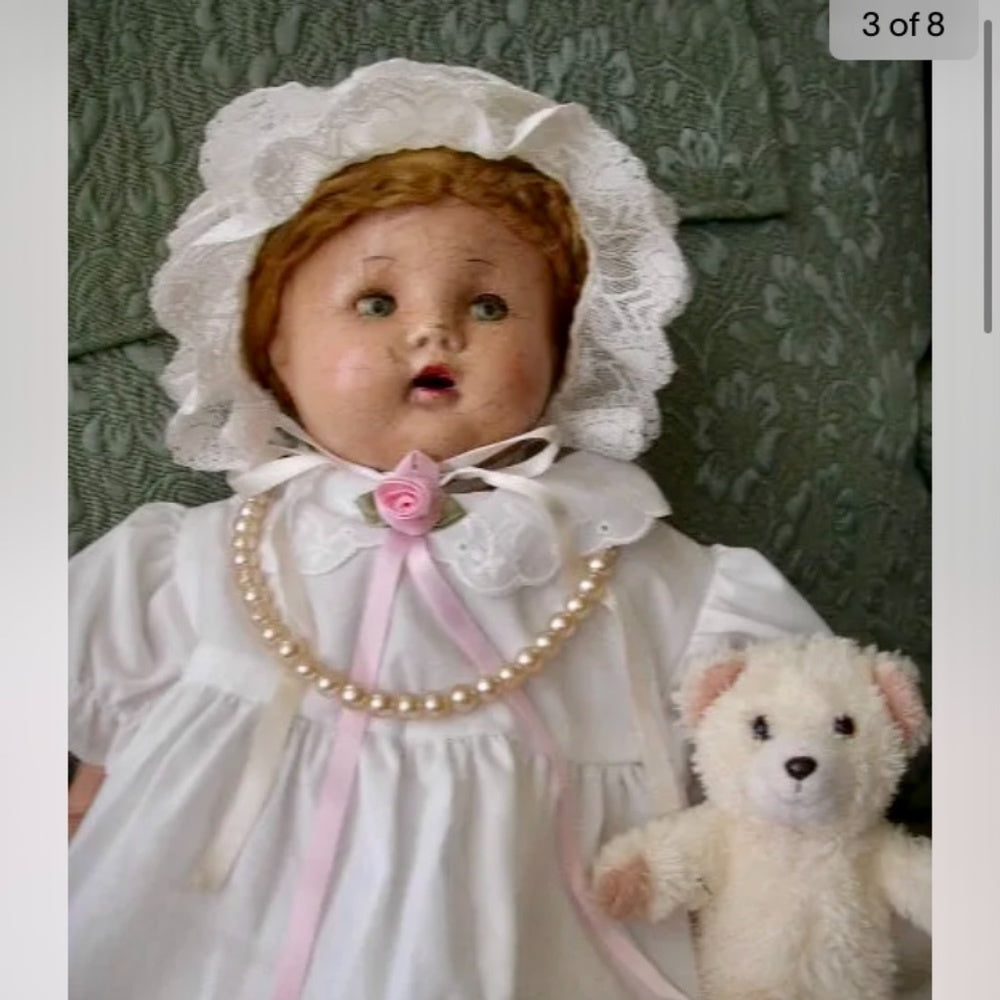 1920-30s 18-inch Composition Doll In White Dress-Bonnet