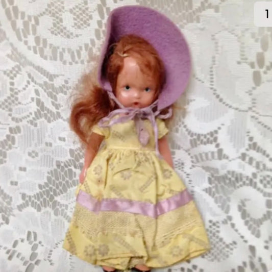 Vintage, 1930s 5.5in Nancy Ann Story Book Bisque Doll- Yellow Dress n Purple Hat
