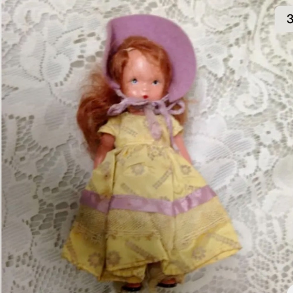 Vintage, 1930s 5.5in Nancy Ann Story Book Bisque Doll- Yellow Dress n Purple Hat