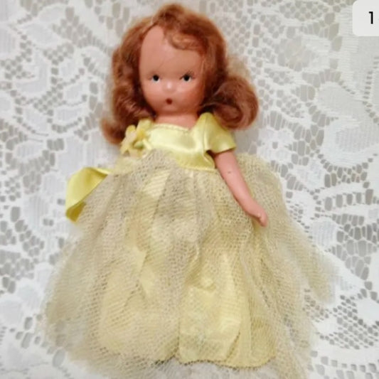 Vintage, 1930s 5.5in Nancy Ann Story Book Bisque Doll- Yellow Lace Gown
