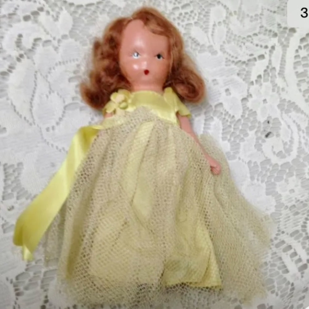 Vintage, 1930s 5.5in Nancy Ann Story Book Bisque Doll- Yellow Lace Gown