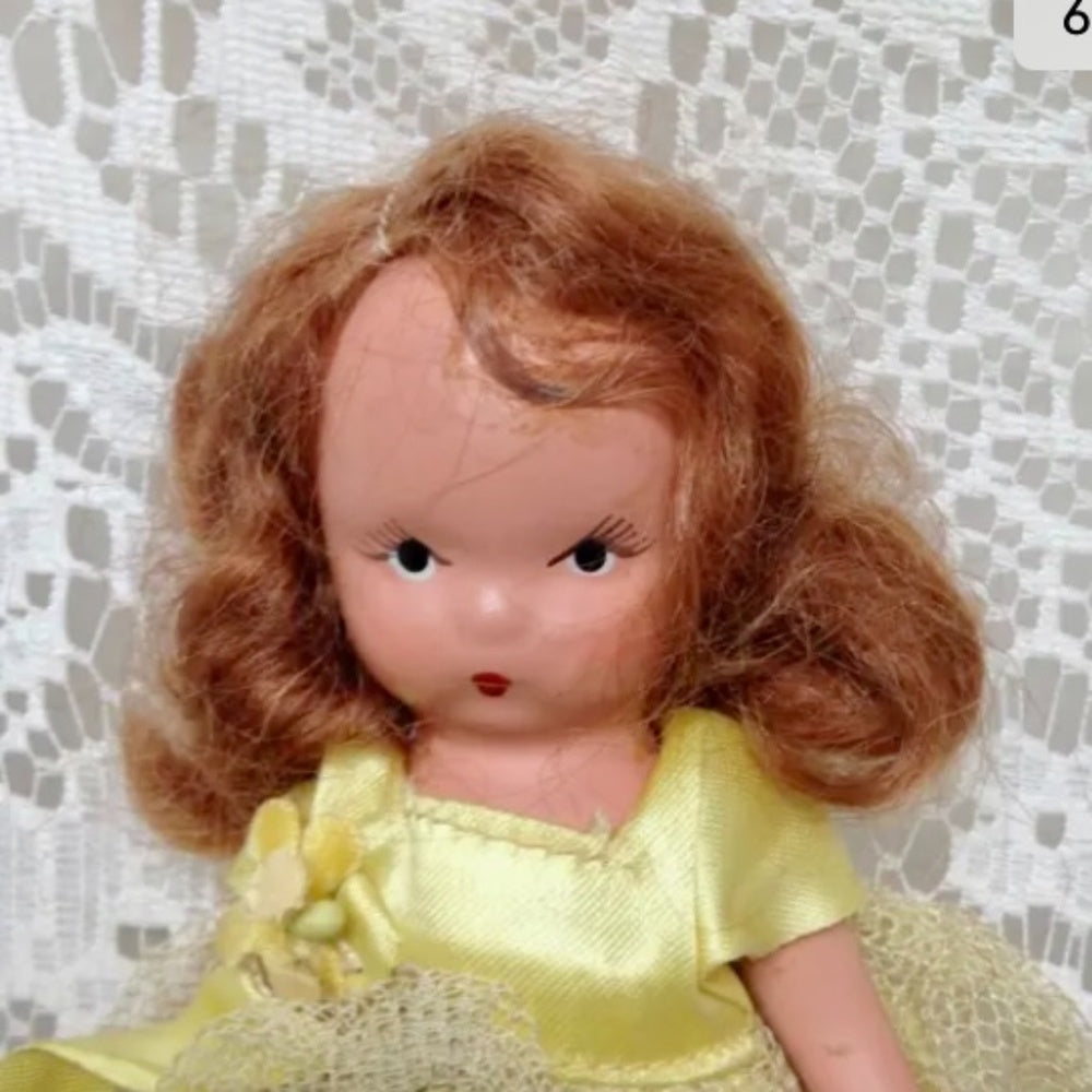 Vintage, 1930s 5.5in Nancy Ann Story Book Bisque Doll- Yellow Lace Gown