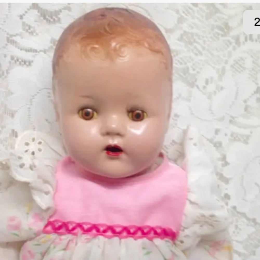 1930s 20-inch Composition Doll with White and Pink Dress