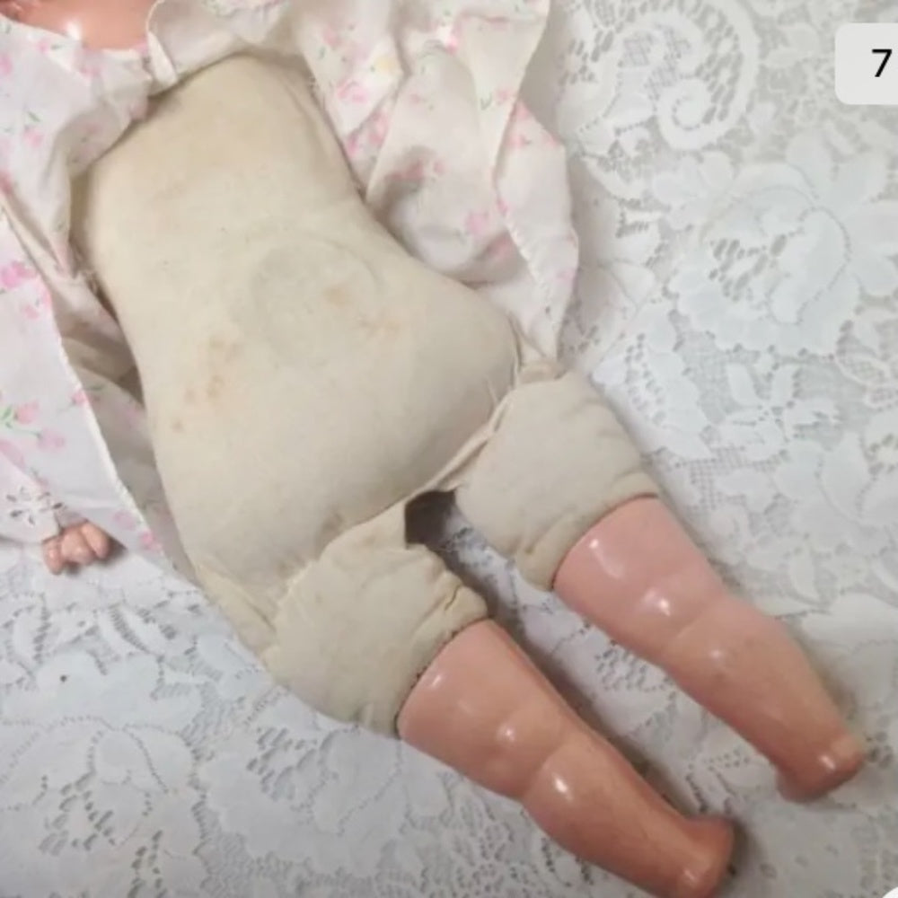 1930s 20-inch Composition Doll with White and Pink Dress