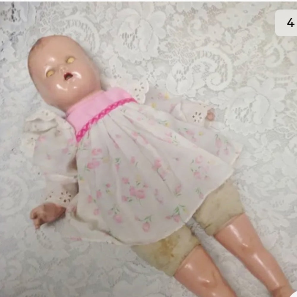 1930s 20-inch Composition Doll with White and Pink Dress