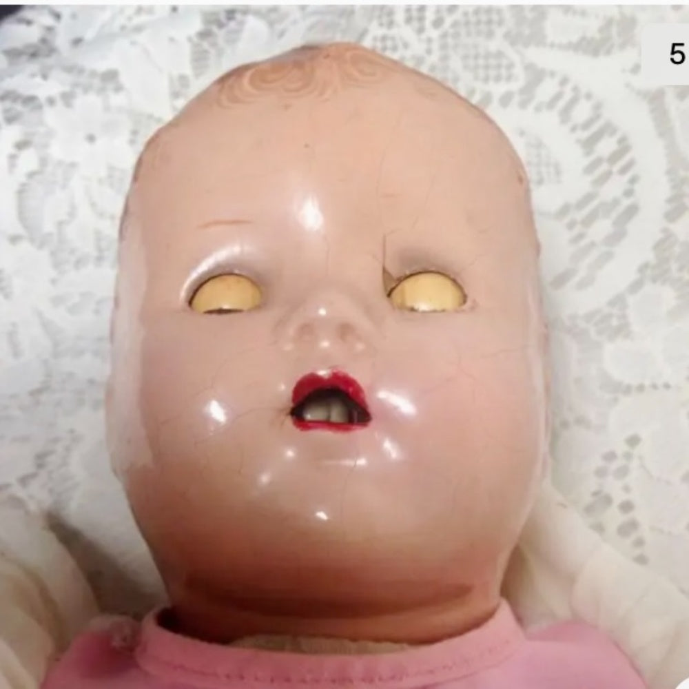 1930s 20-inch Composition Doll with White and Pink Dress