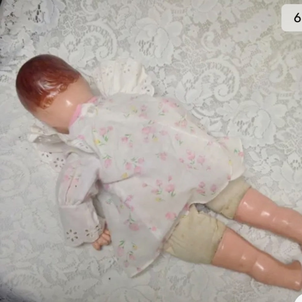 1930s 20-inch Composition Doll with White and Pink Dress