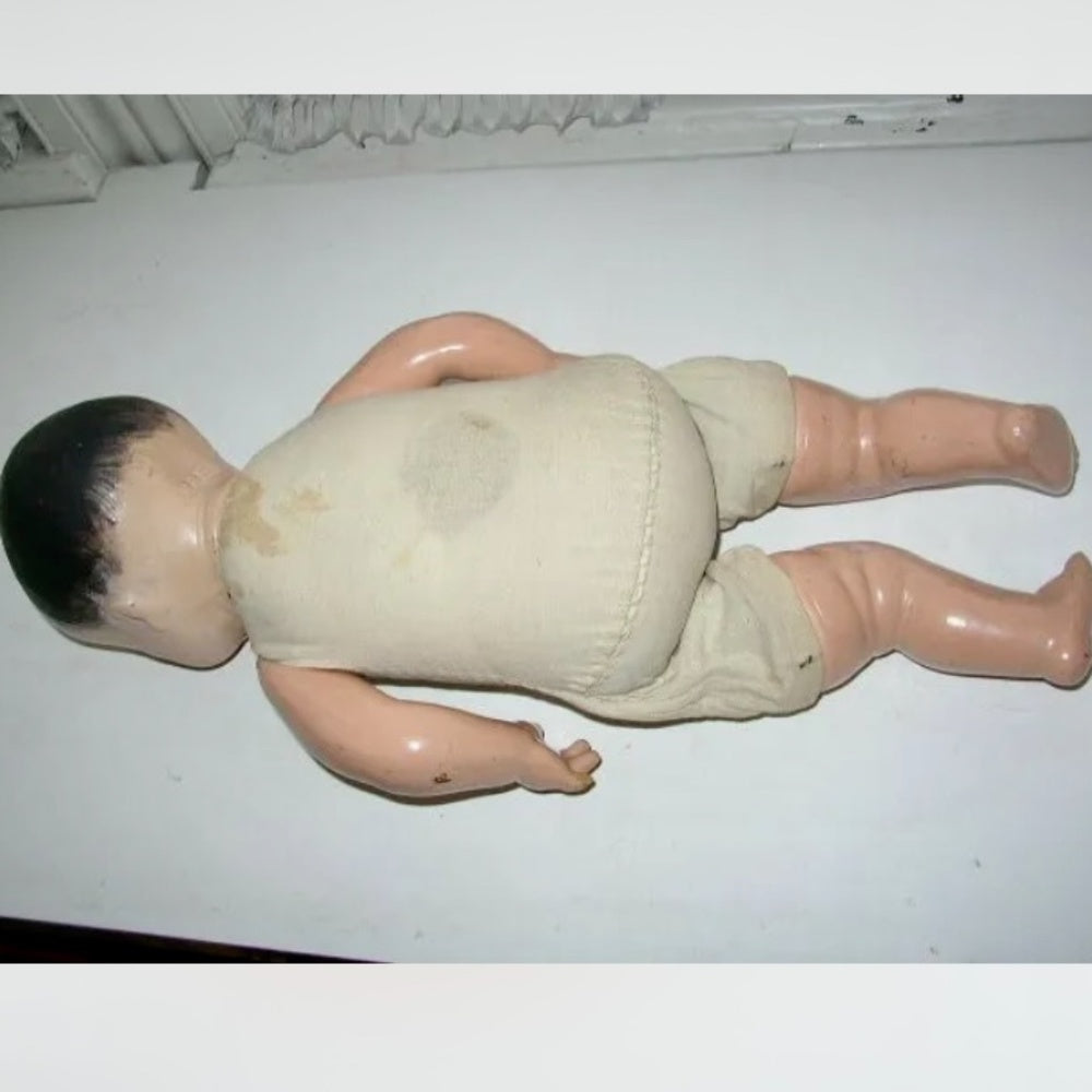 1920-30s  R & B 17” Composition Baby Doll in Blue Knitted Sweater