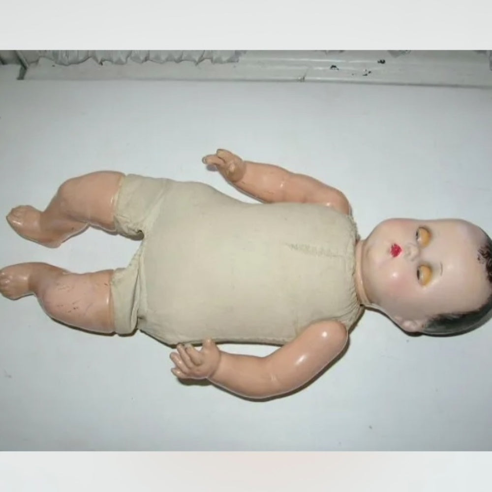 1920-30s  R & B 17” Composition Baby Doll in Blue Knitted Sweater