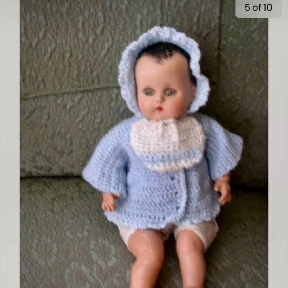1920-30s  R & B 17” Composition Baby Doll in Blue Knitted Sweater