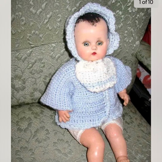 1920-30s  R & B 17” Composition Baby Doll in Blue Knitted Sweater