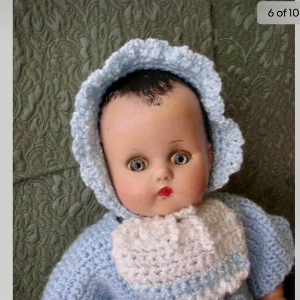 1920-30s  R & B 17” Composition Baby Doll in Blue Knitted Sweater