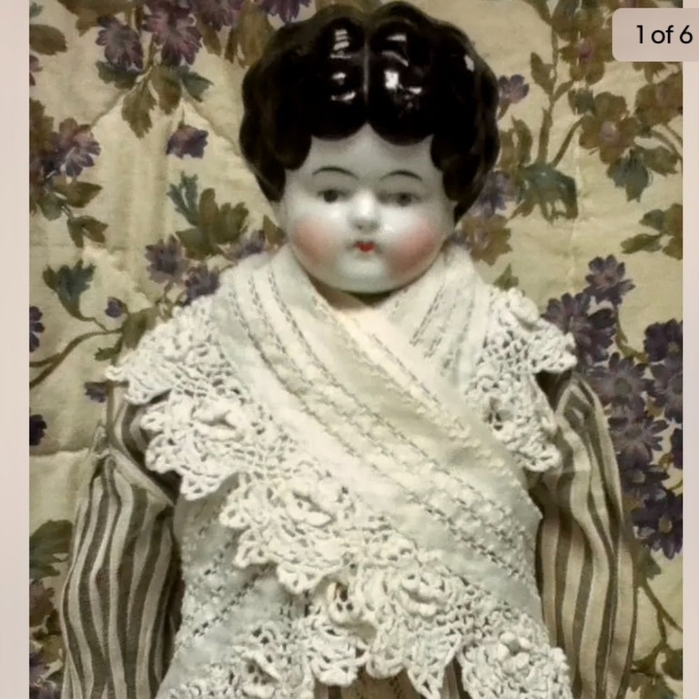 Antique, 18” German China Doll in Black-White Stripe Dress