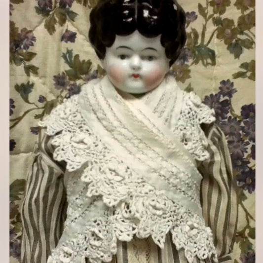 Antique, 18” German China Doll in Black-White Stripe Dress