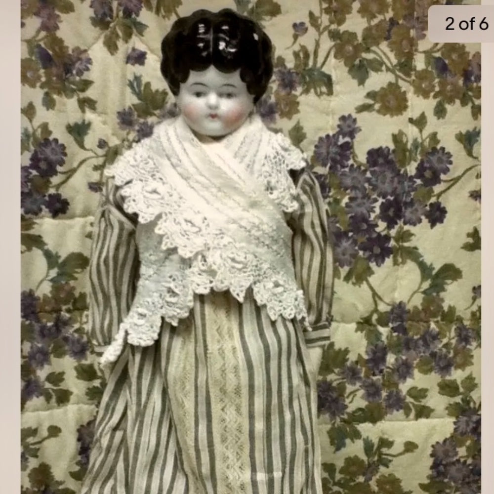 Antique, 18” German China Doll in Black-White Stripe Dress