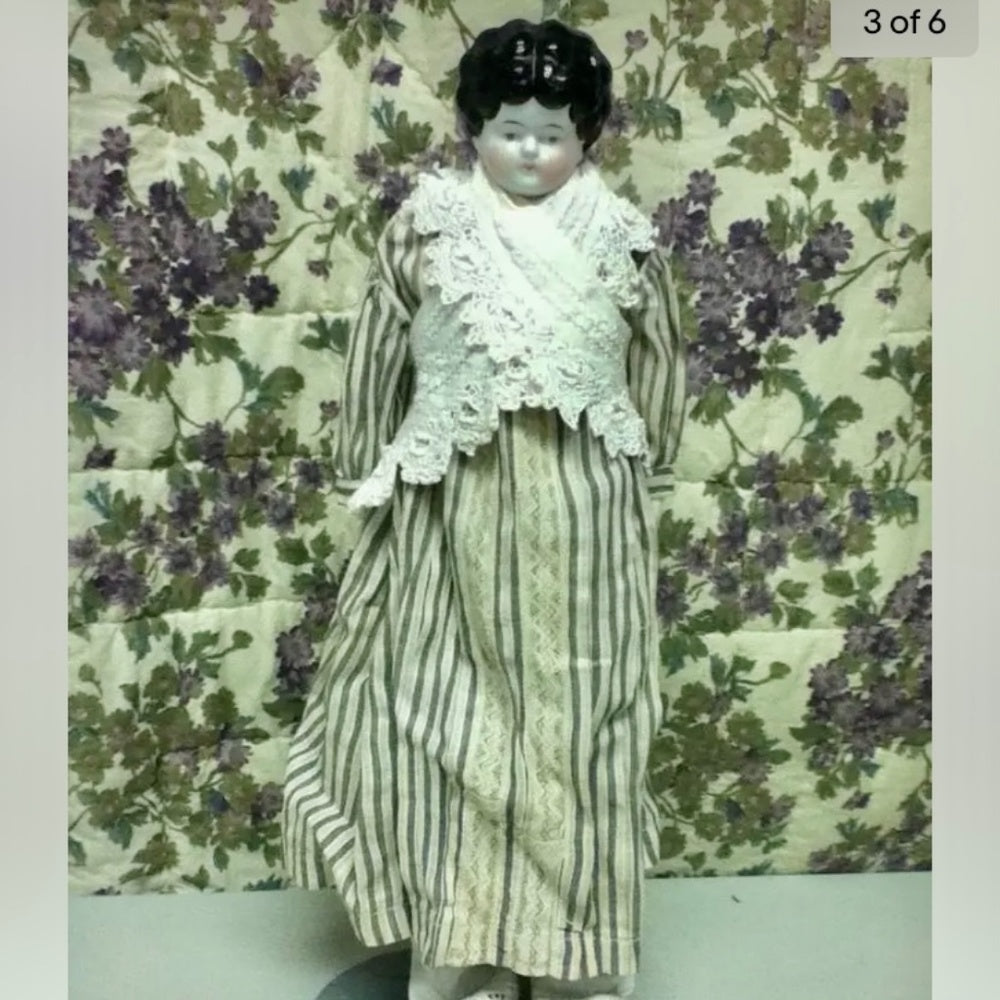 Antique, 18” German China Doll in Black-White Stripe Dress