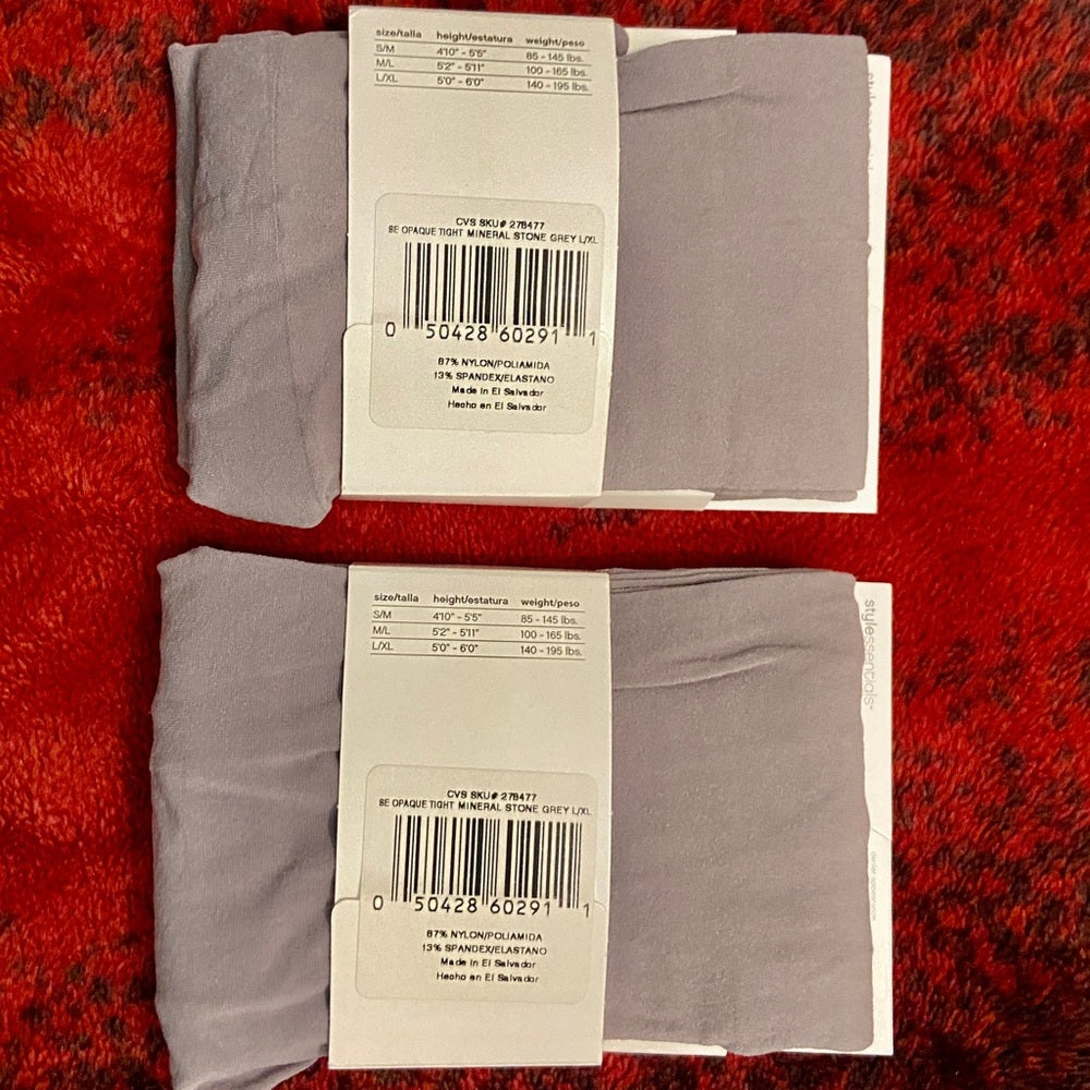 2 packs Hanes Silky Opaque Tights Mineral Stone Grey L-XL 5-6ft 140-195 lbs.