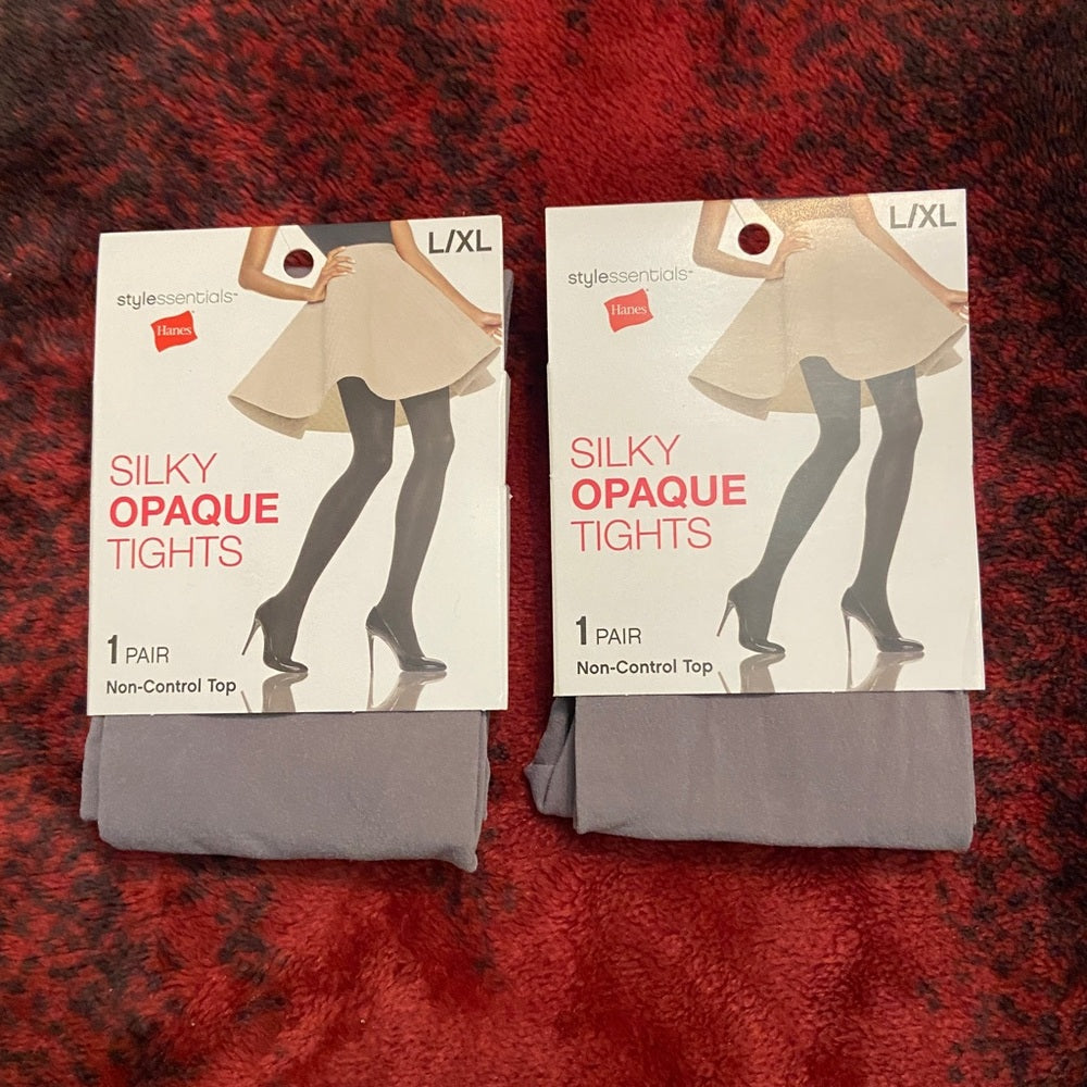 2 packs Hanes Silky Opaque Tights Mineral Stone Grey L-XL 5-6ft 140-195 lbs.