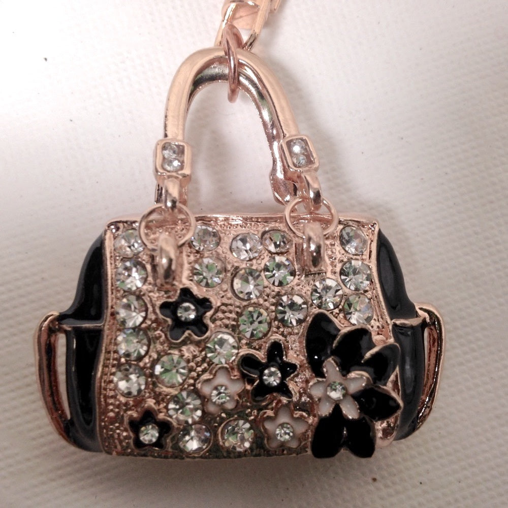 2-Way, Black Floral Rhinestone Handbag Charm- Key Chain
