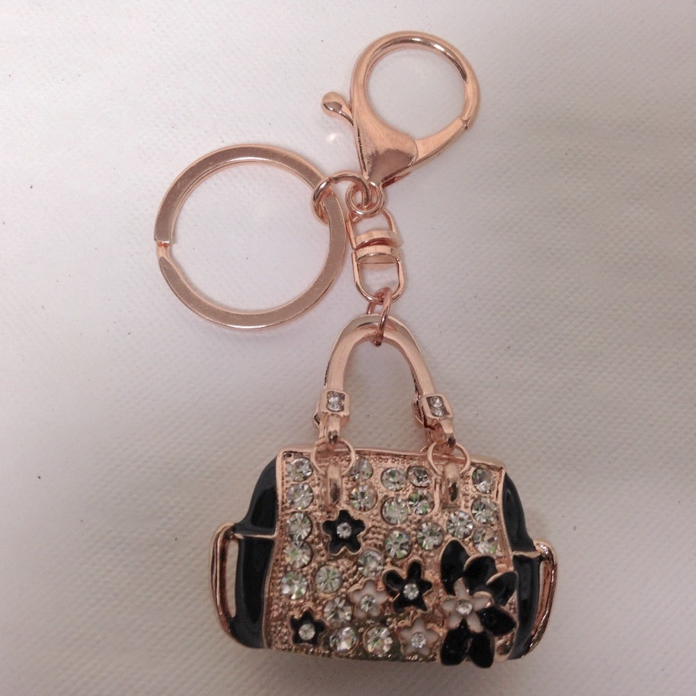 2-Way, Black Floral Rhinestone Handbag Charm- Key Chain