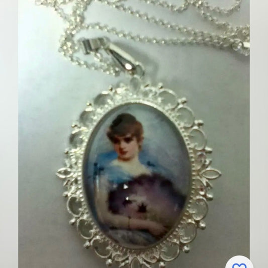 Glass Cabochon Cameo of a Lady in White Gown,  Brooch-Pendant with 925 Chain Nec