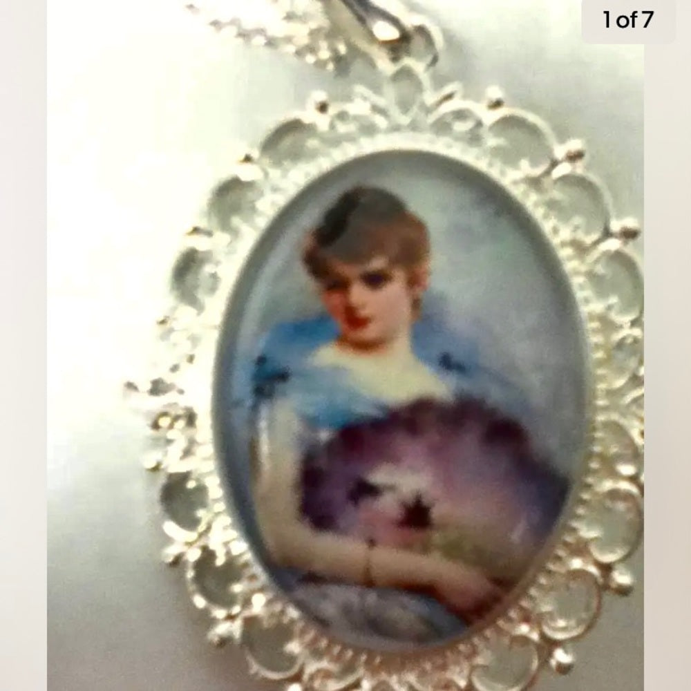Glass Cabochon Cameo of a Lady in White Gown,  Brooch-Pendant with 925 Chain Nec
