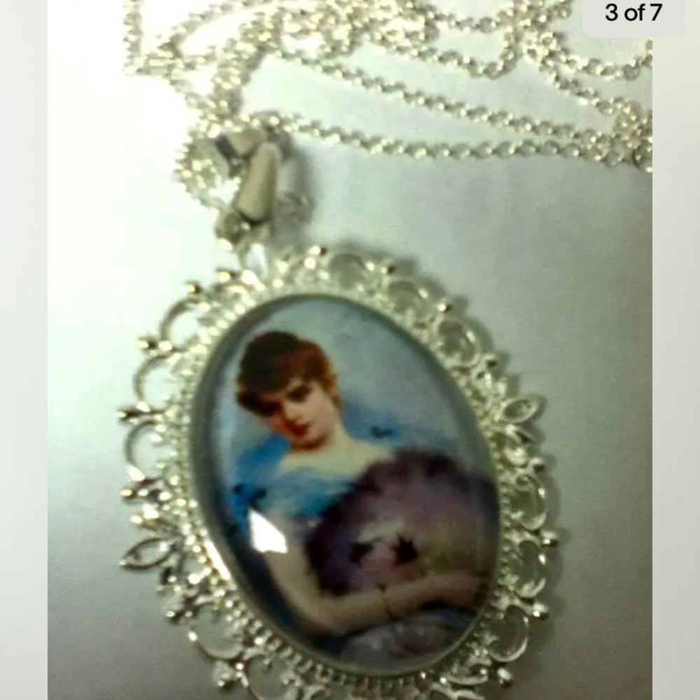 Glass Cabochon Cameo of a Lady in White Gown,  Brooch-Pendant with 925 Chain Nec