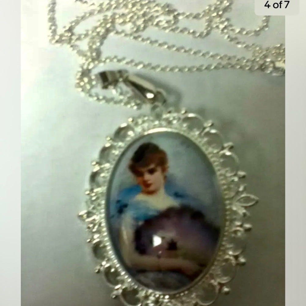 Glass Cabochon Cameo of a Lady in White Gown,  Brooch-Pendant with 925 Chain Nec