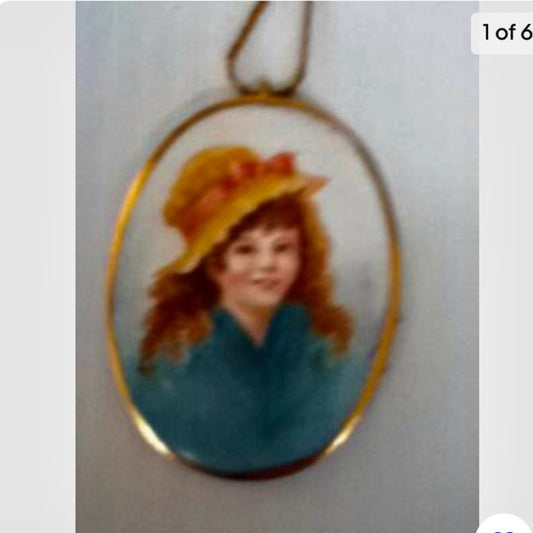 Vintage, Miniature, Hand-painted Portrait of a Young Lady Pendant- Gold filled