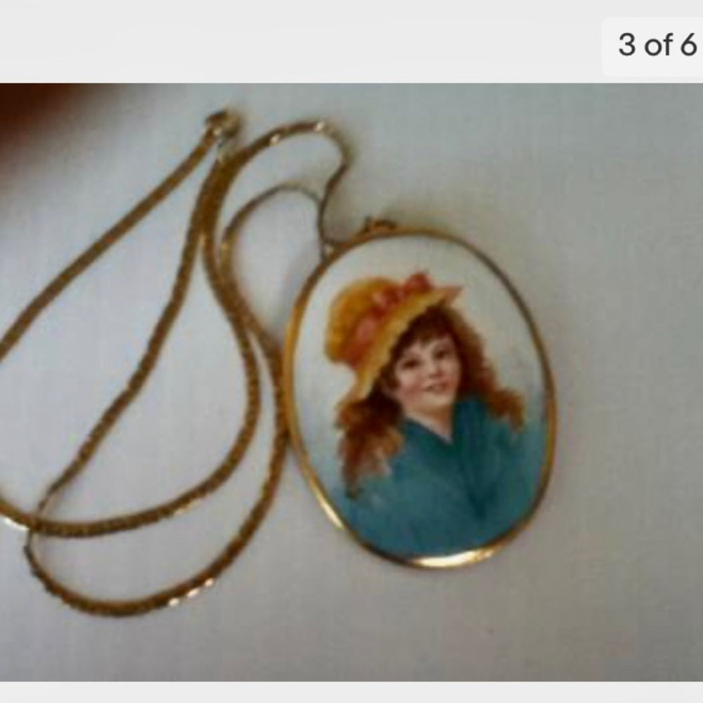 Vintage, Miniature, Hand-painted Portrait of a Young Lady Pendant- Gold filled