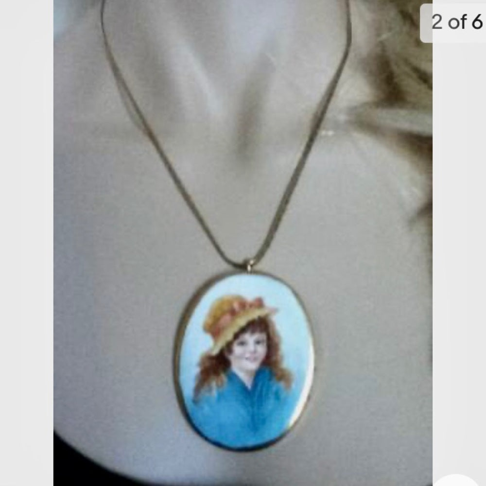 Vintage, Miniature, Hand-painted Portrait of a Young Lady Pendant- Gold filled