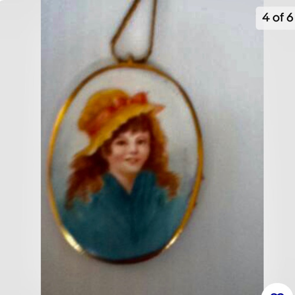 Vintage, Miniature, Hand-painted Portrait of a Young Lady Pendant- Gold filled