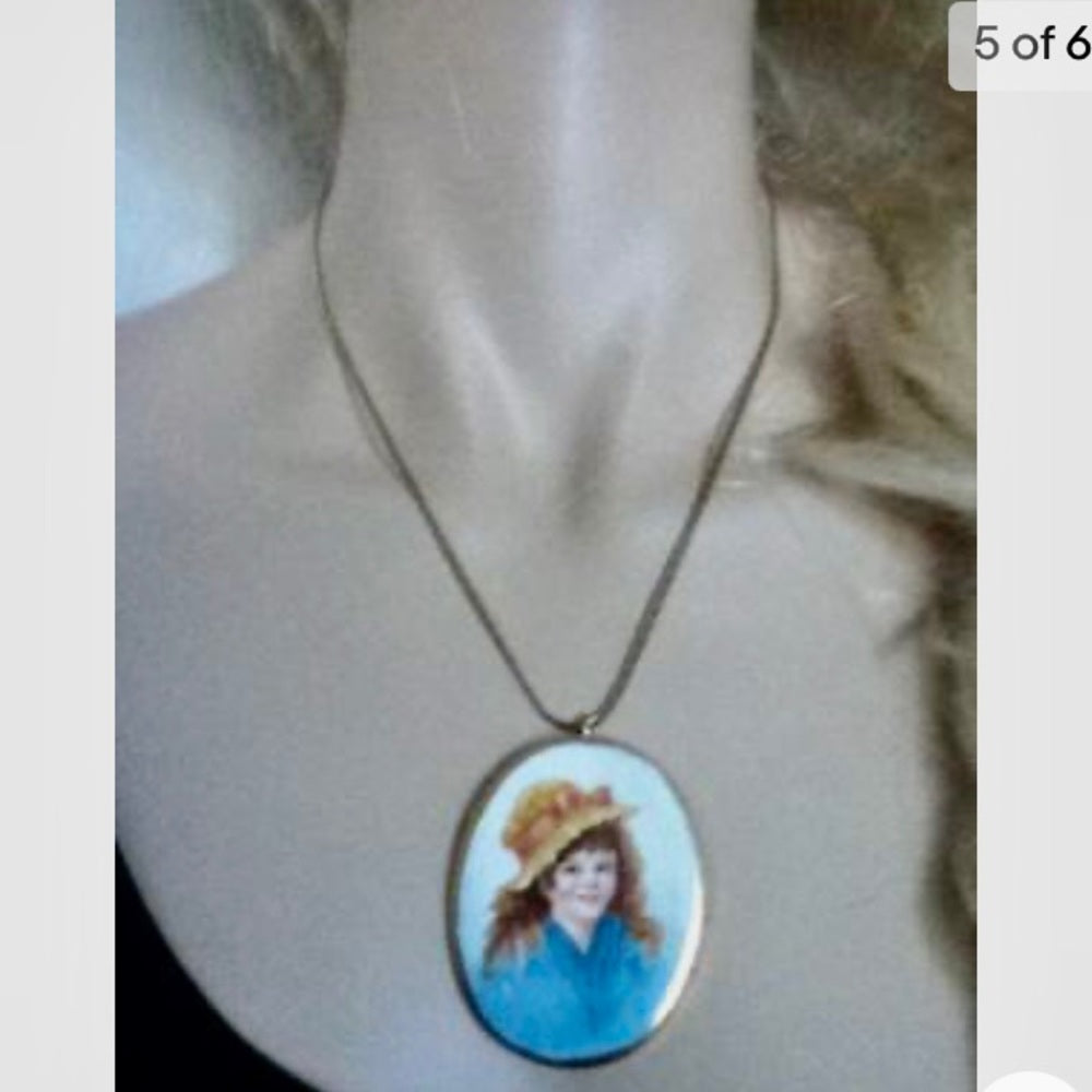Vintage, Miniature, Hand-painted Portrait of a Young Lady Pendant- Gold filled
