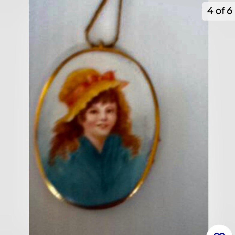Vintage, Miniature, Hand-painted Portrait of a Young Lady Pendant- Gold filled