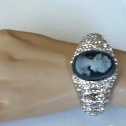 Elegant, Cameo with Rhinestones Hinged-Bangle Bracelet