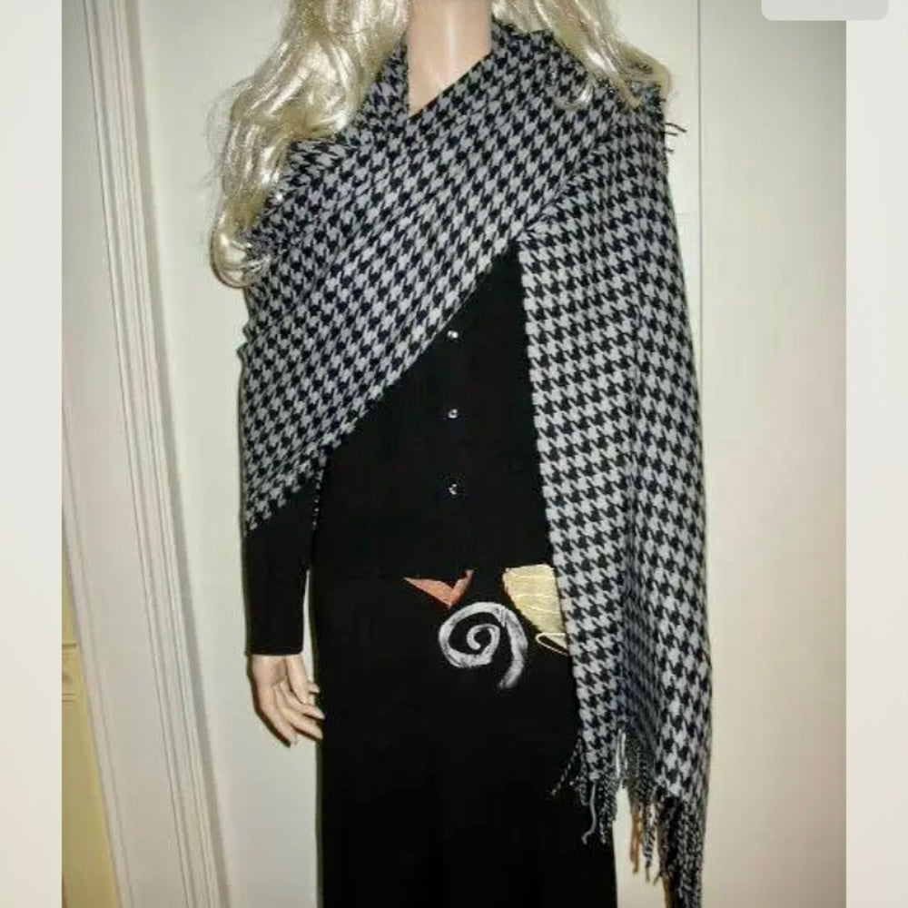 Beautiful, Black and Gray Wool Houndstooth Scarf, Wrap, Shawl, etc