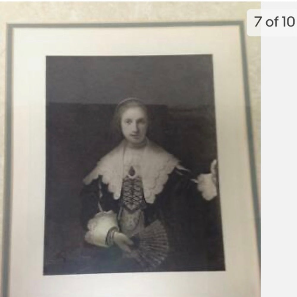 Antique (1906) Rare, Engraving of a Lady with a Fan, By Rembrand Van Rijn, 1641.