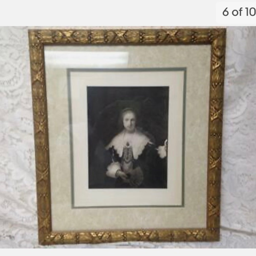 Antique (1906) Rare, Engraving of a Lady with a Fan, By Rembrand Van Rijn, 1641.