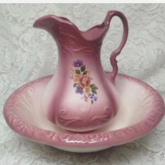 Vintage, Large, 12in H x 10in Pink Floral Pitcher With 16in Washbowl
