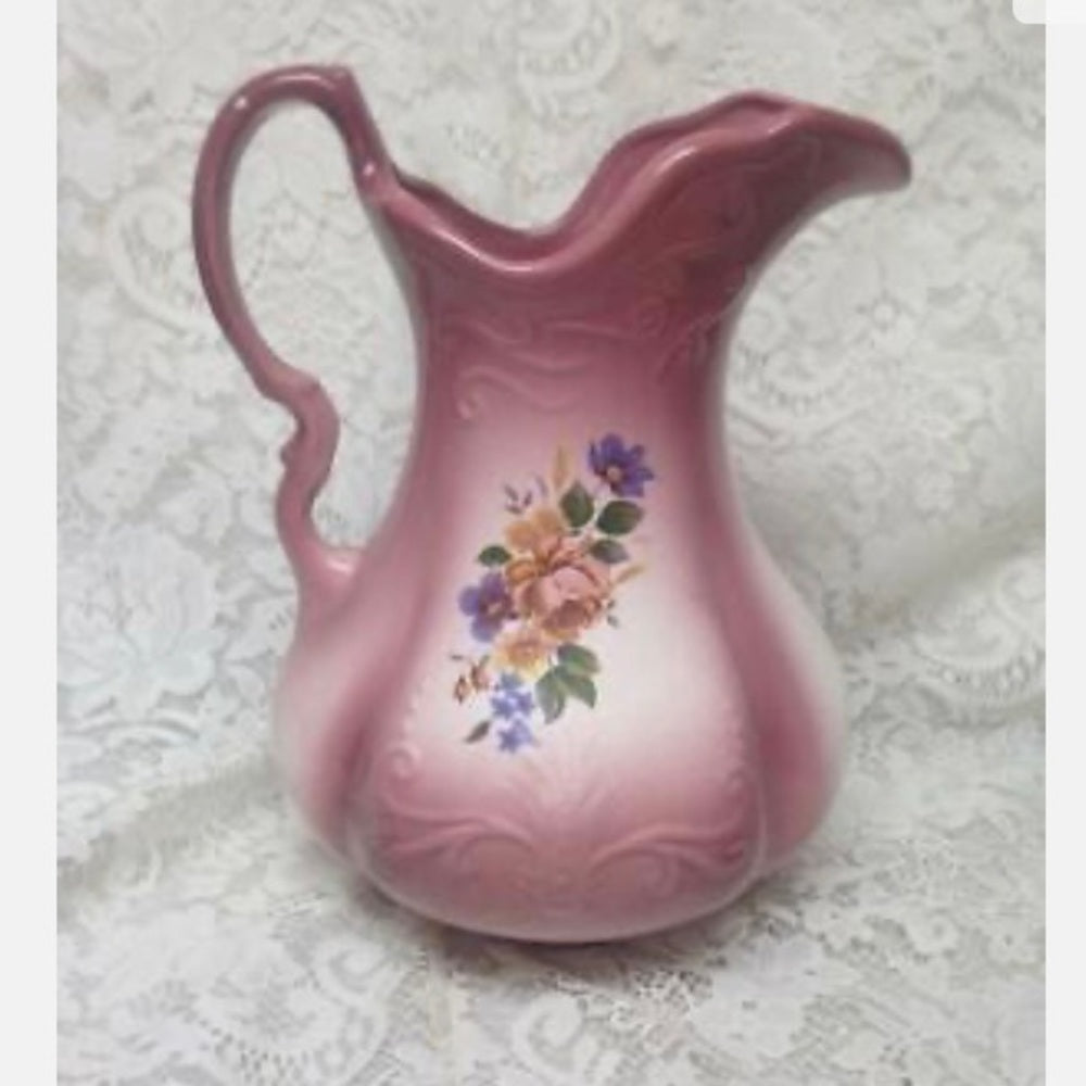 Vintage, Large, 12in H x 10in Pink Floral Pitcher With 16in Washbowl