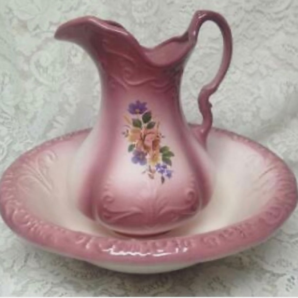 Vintage, Large, 12in H x 10in Pink Floral Pitcher With 16in Washbowl