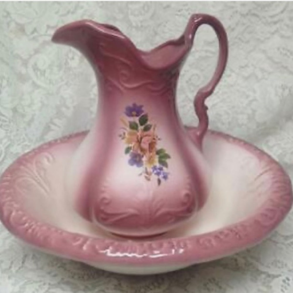 Vintage, Large, 12in H x 10in Pink Floral Pitcher With 16in Washbowl