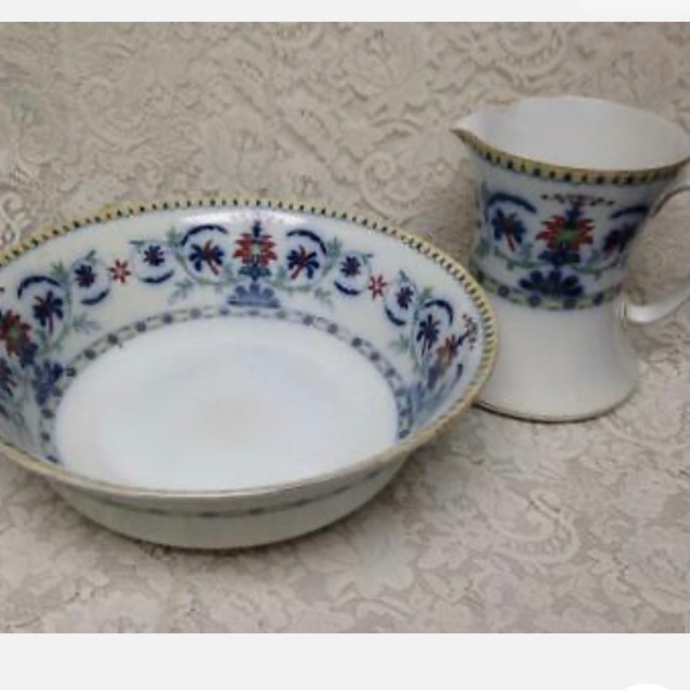 Antique, Rare, Bisto England, Flow Blue Floral, XL 16in Wash Bowl & 9.5in Pitc
