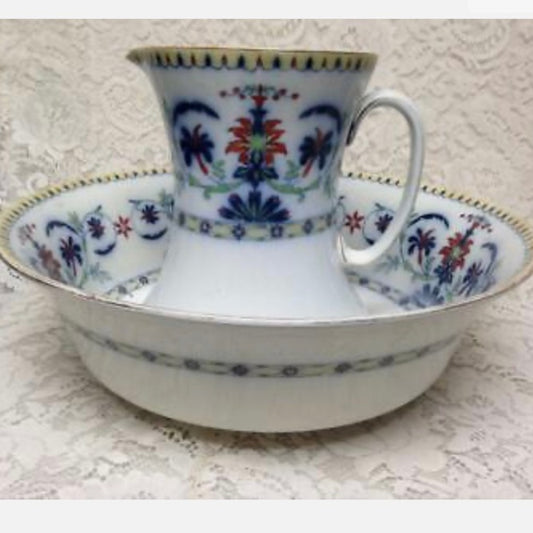 Antique, Rare, Bisto England, Flow Blue Floral, XL 16in Wash Bowl & 9.5in Pitc
