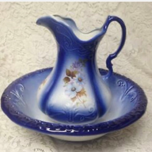 Vintage, Large, 12in H x 9in Flow Blue Floral Pitcher With 16in Washbowl